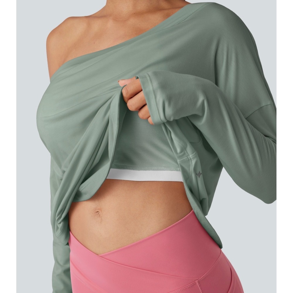 Halara One Shoulder Long Sleeve Yoga Top Built-in Bra Thumb Hole Sage Green XS
